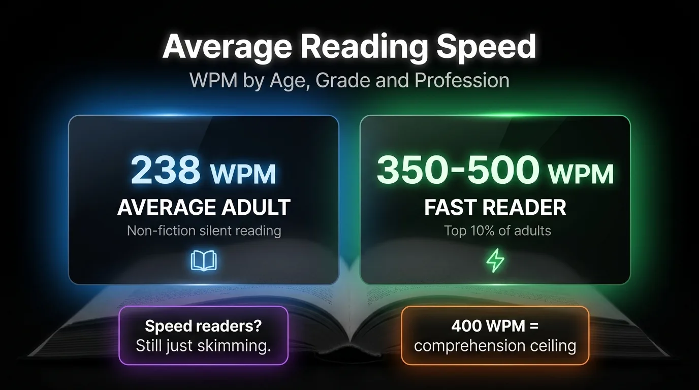 Average reading speed benchmarks showing 238 WPM for adults and 350-500 WPM for fast readers