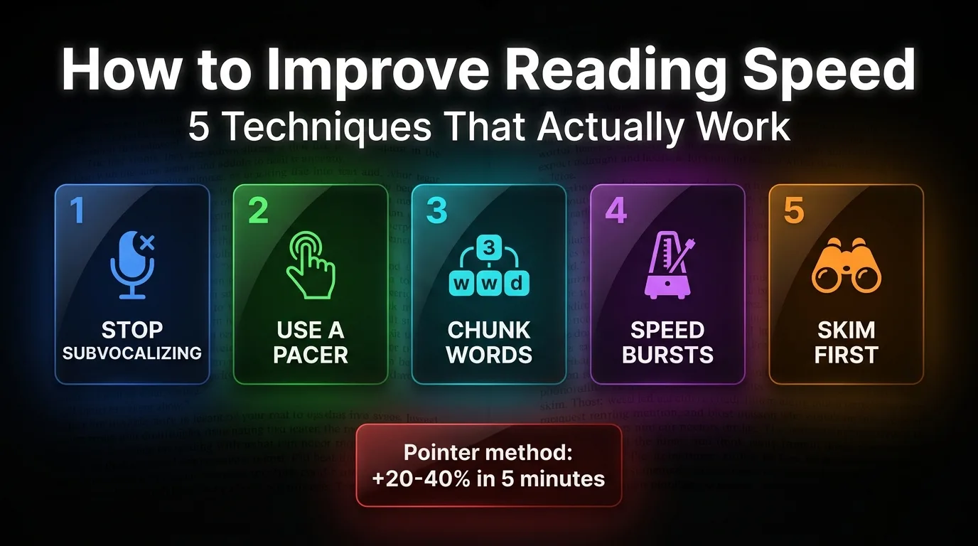 Five research-backed techniques to improve reading speed shown as numbered cards, with the pointer method stat highlighted